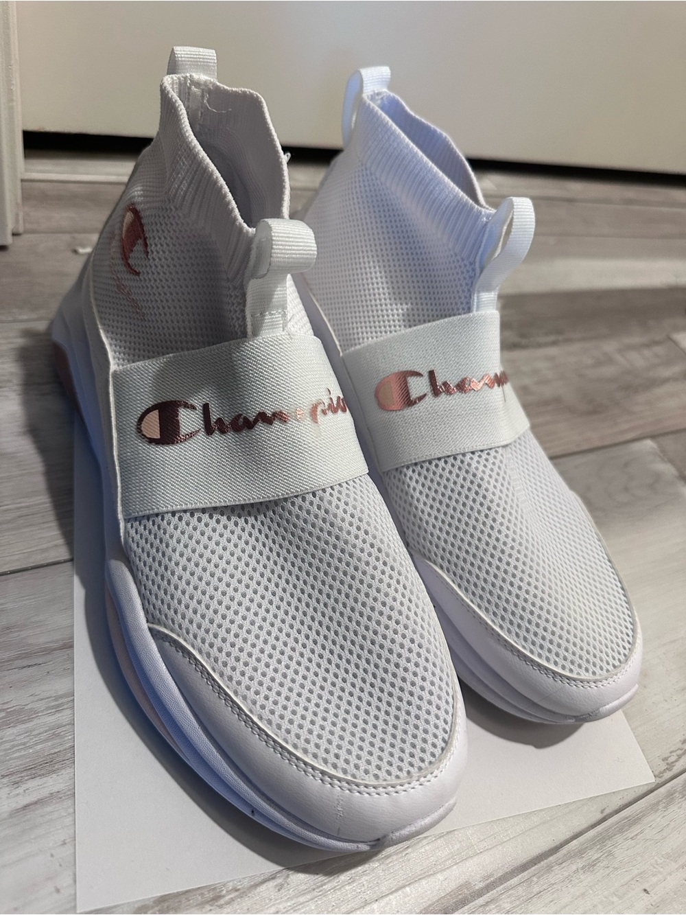 Champion White Slip-On Sneakers with Rose Gold Logo Accent